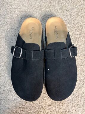 Arizona Jean Company Black Suede Slip-On Clogs with Buckles